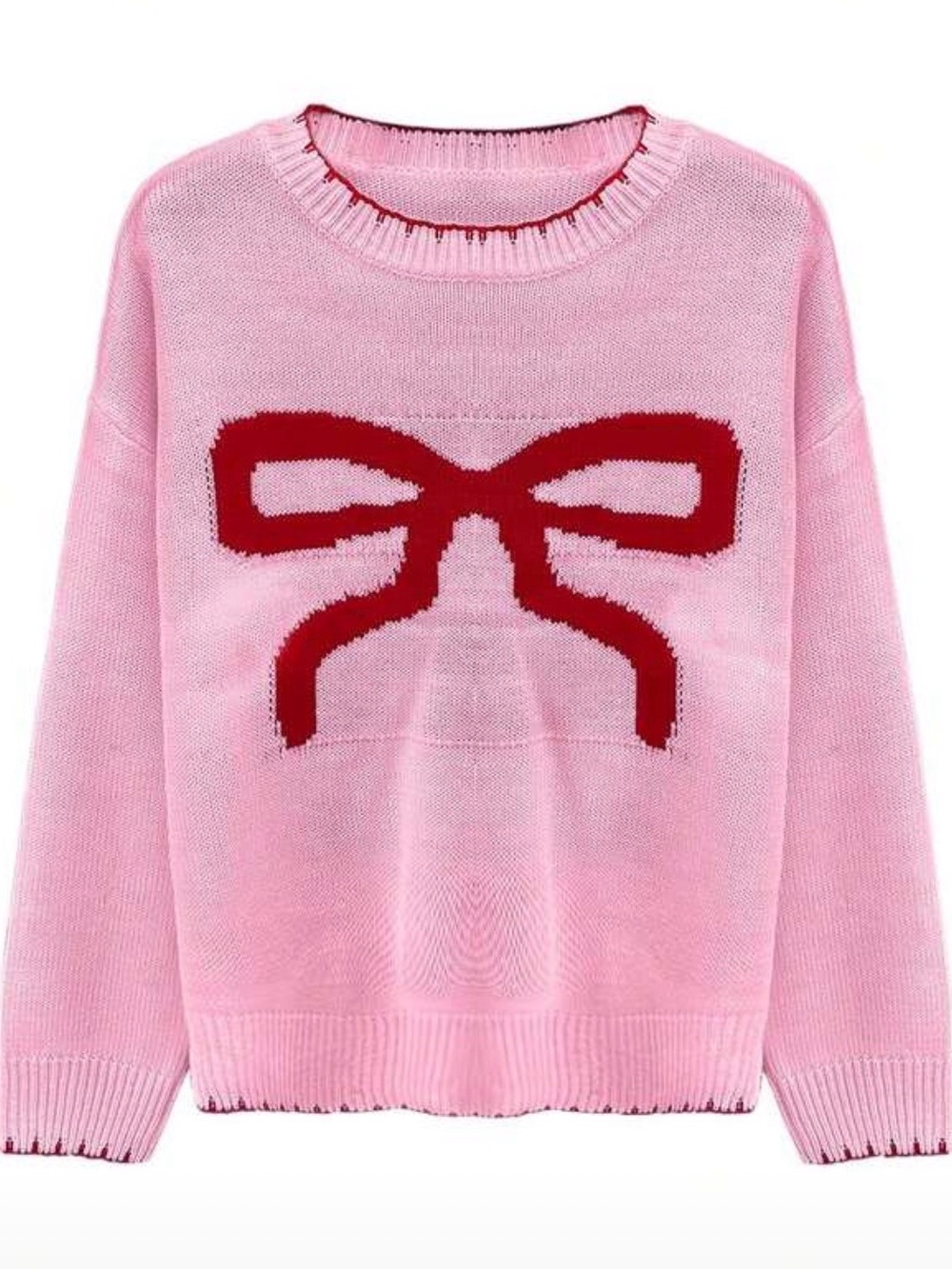 SHEIN Pink Crewneck Sweater with Red Bow Motif